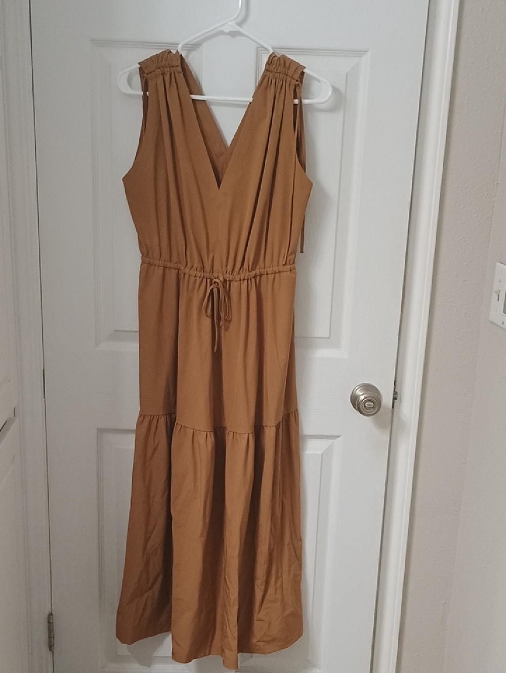 Calvin Klein Sleeveless V-Neck Tiered Maxi Dress in Camel Brown